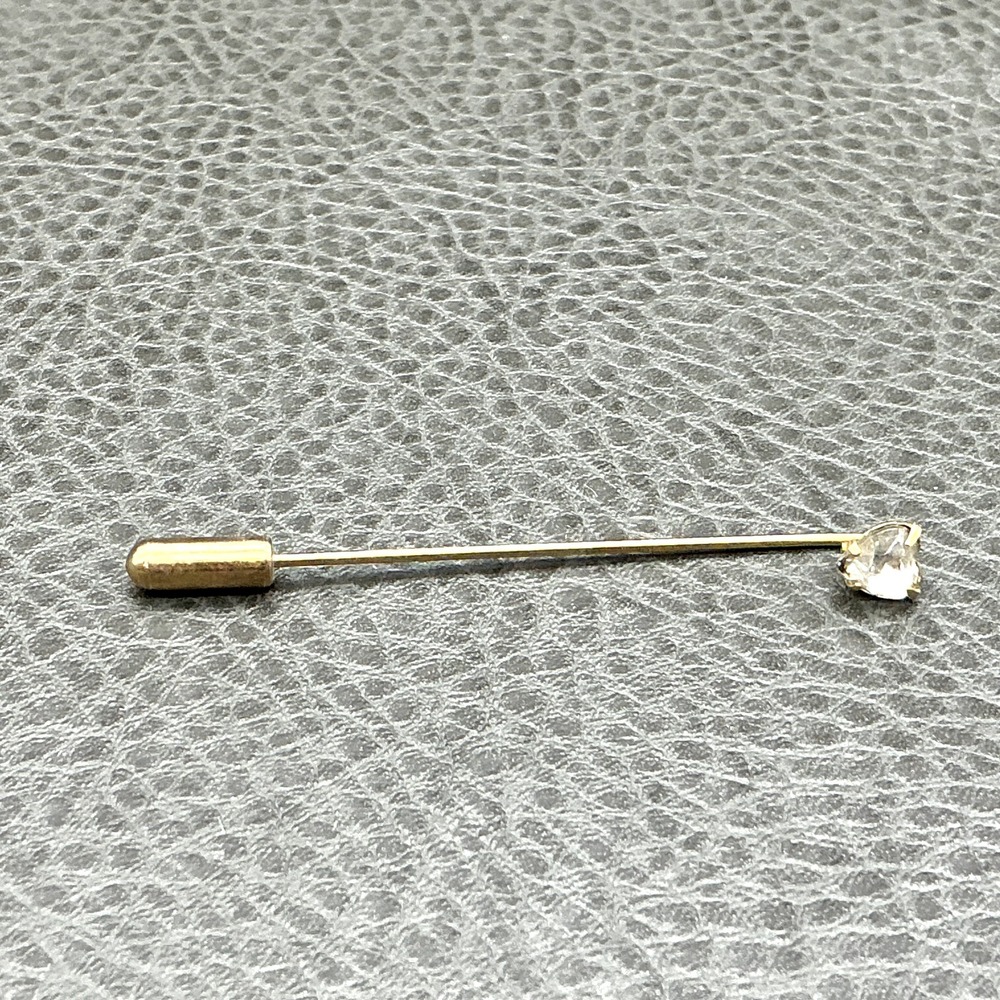 Vintage Stick Pin Crystal Heart Prong Set Gold Tone Hat Lapel Jewelry 2.25"